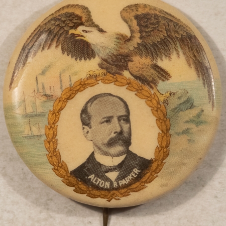 New Store Items 1904 ALTON PARKER 1 1/4″ GRAPHIC, COLORFUL SHIPS/FACTORIES CELLO CAMPAIGN BUTTON