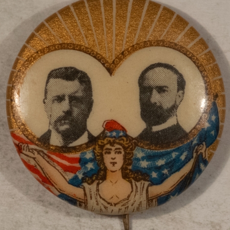 New Store Items 1904 ROOSEVELT-FAIRBANKS 7/8″ CELLULOID MISS LIBERTY JUGATE BUTTON, GRAPHIC/MINT