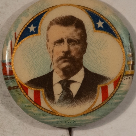 New Store Items 1904 TEDDY ROOSEVELT 1 1/4″ CAMPAIGN BUTTON, GRAPHIC, SHIPS, FACTORIES-NEAR MINT
