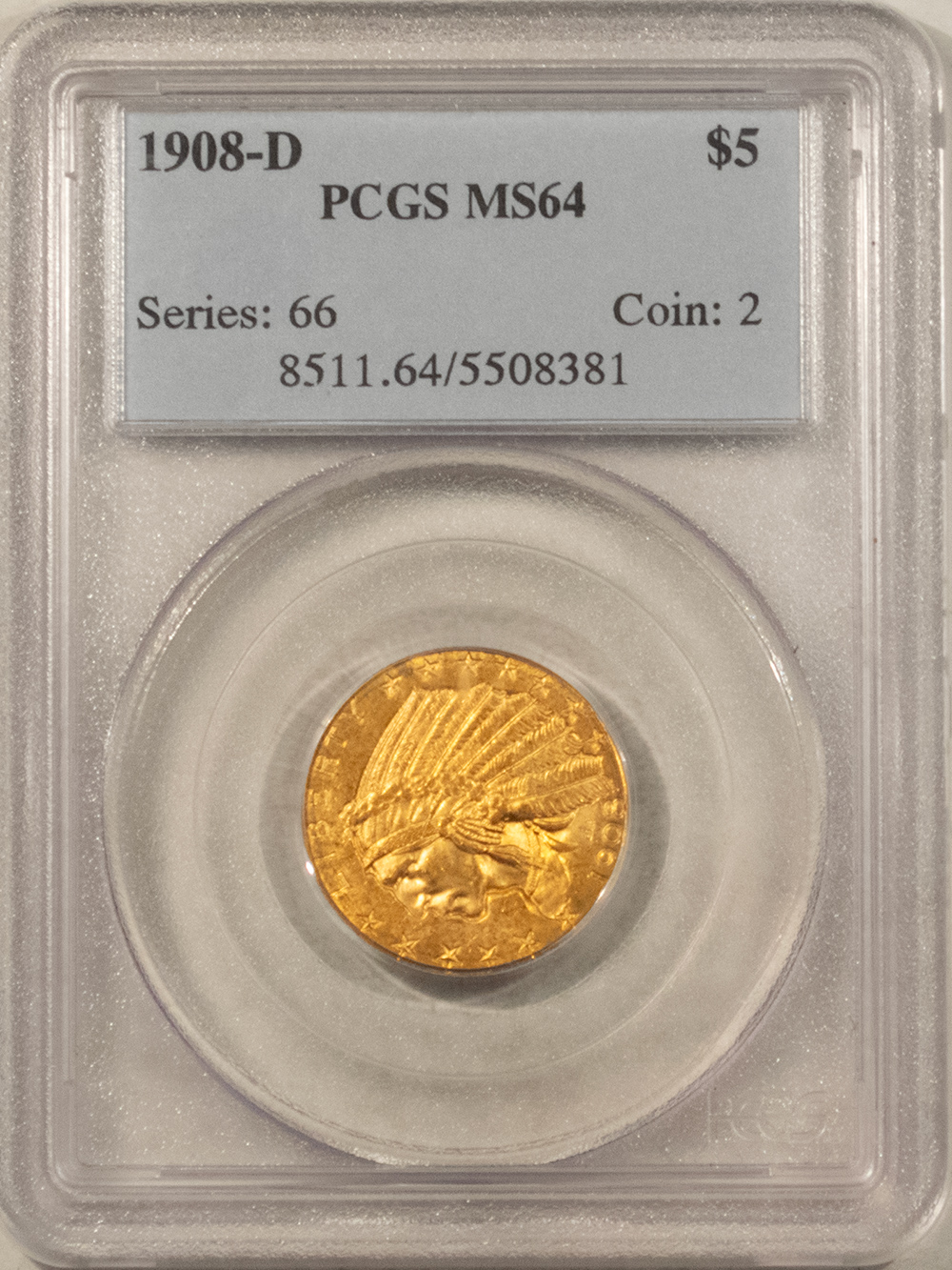 $5 1908-D $5 INDIAN HEAD GOLD HALF EAGLE – PCGS MS-64 FLASHY, LUSTROUS, UNDERRATED! $5 1908-D $5 INDIAN HEAD GOLD HALF EAGLE – PCGS MS-64 FLASHY, LUSTROUS, UNDERRATED!