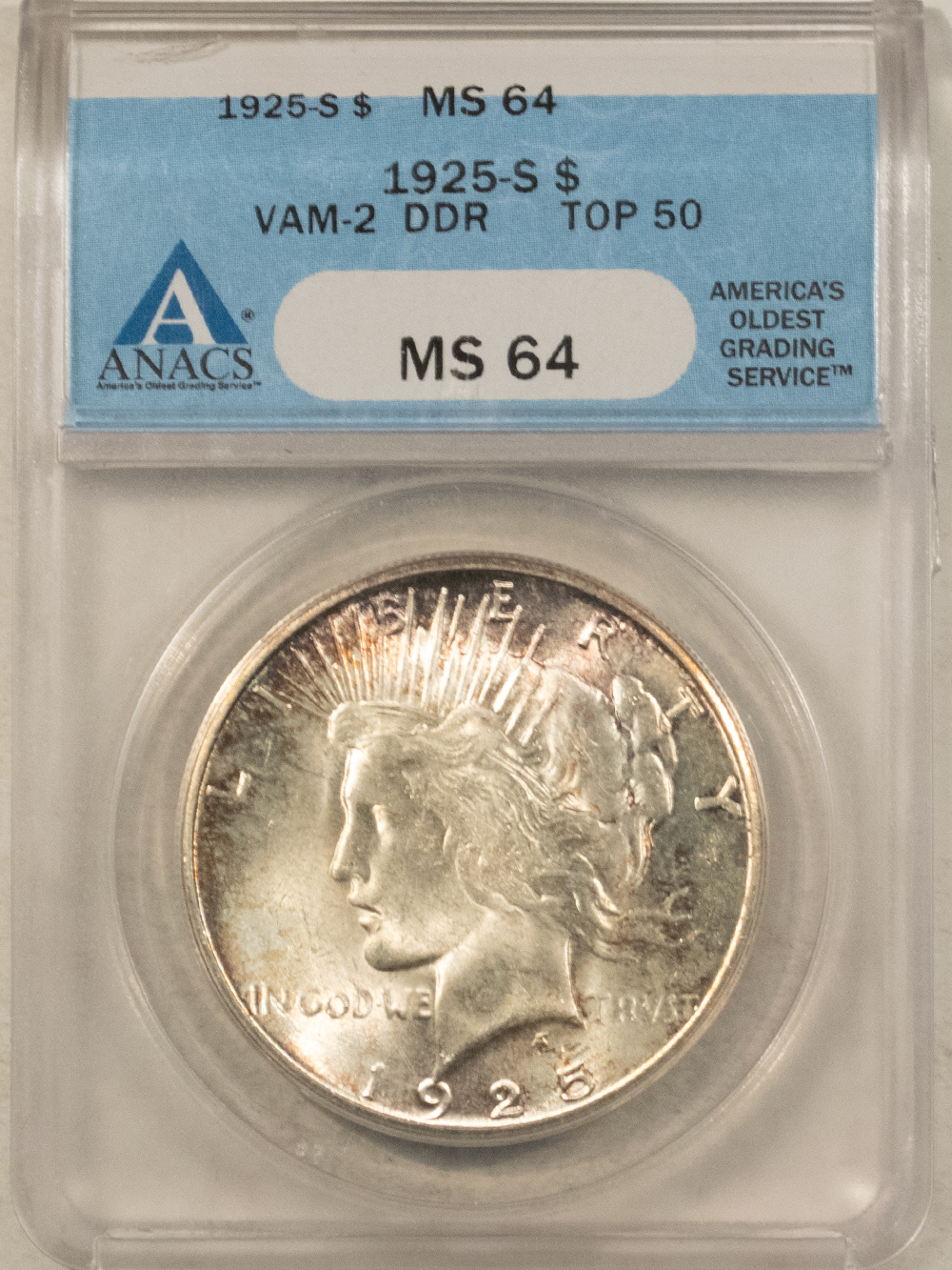 Dollars 1925-S $1 PEACE DOLLAR VAM-2, DOUBLED DIE REVERSE, TOP 50 – ANACS MS-64! Dollars 1925-S $1 PEACE DOLLAR VAM-2, DOUBLED DIE REVERSE, TOP 50 – ANACS MS-64!