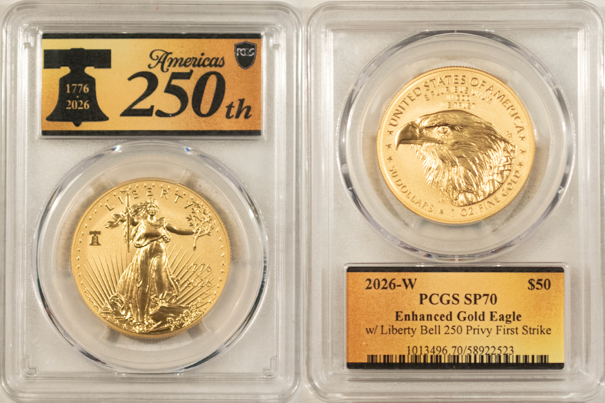 American Gold Eagles, Buffaloes, & Liberty Series 2026-W $50 ENHANCED 1 OZ AMERICAN GOLD EAGLE 250TH PRIVY PCGS SP-70 FIRST STRIKE American Gold Eagles, Buffaloes, & Liberty Series 2026-W $50 ENHANCED 1 OZ AMERICAN GOLD EAGLE 250TH PRIVY PCGS SP-70 FIRST STRIKE