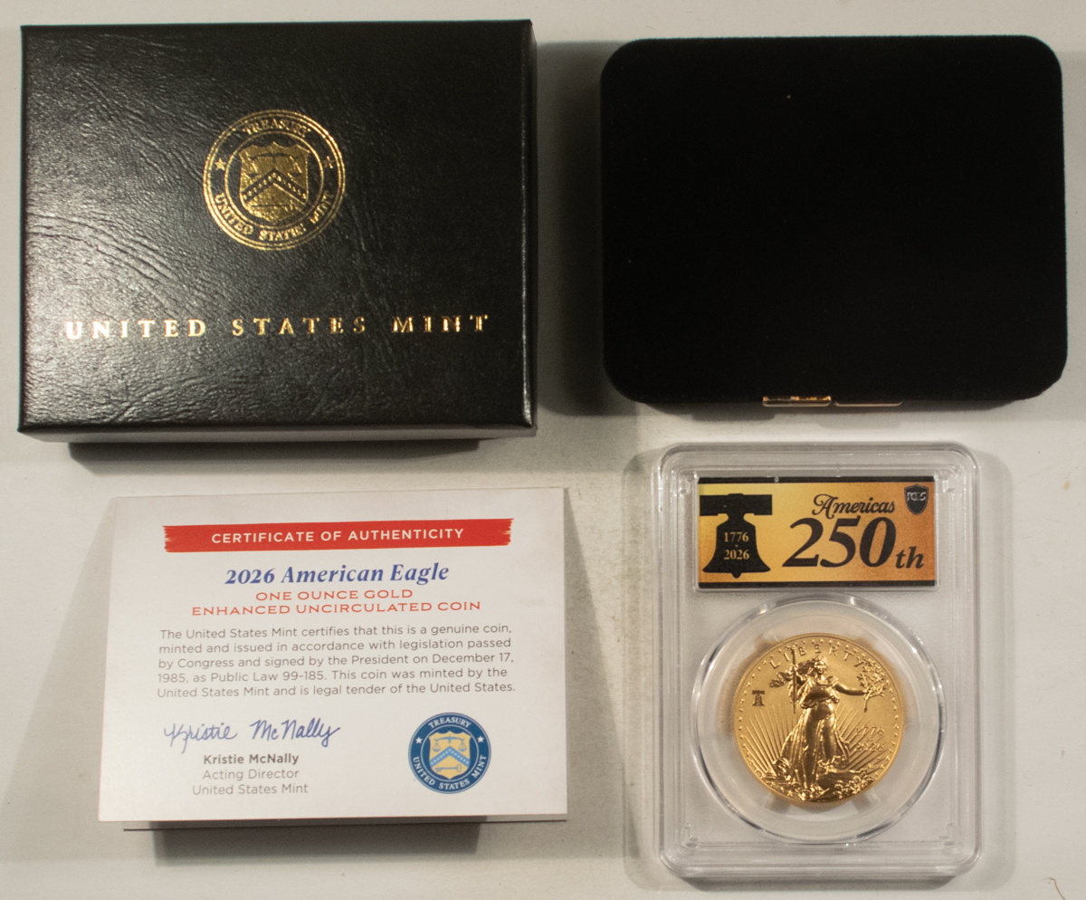 American Gold Eagles, Buffaloes, & Liberty Series 2026-W $50 ENHANCED 1 OZ AMERICAN GOLD EAGLE 250TH PRIVY PCGS SP-70 FIRST STRIKE American Gold Eagles, Buffaloes, & Liberty Series 2026-W $50 ENHANCED 1 OZ AMERICAN GOLD EAGLE 250TH PRIVY PCGS SP-70 FIRST STRIKE