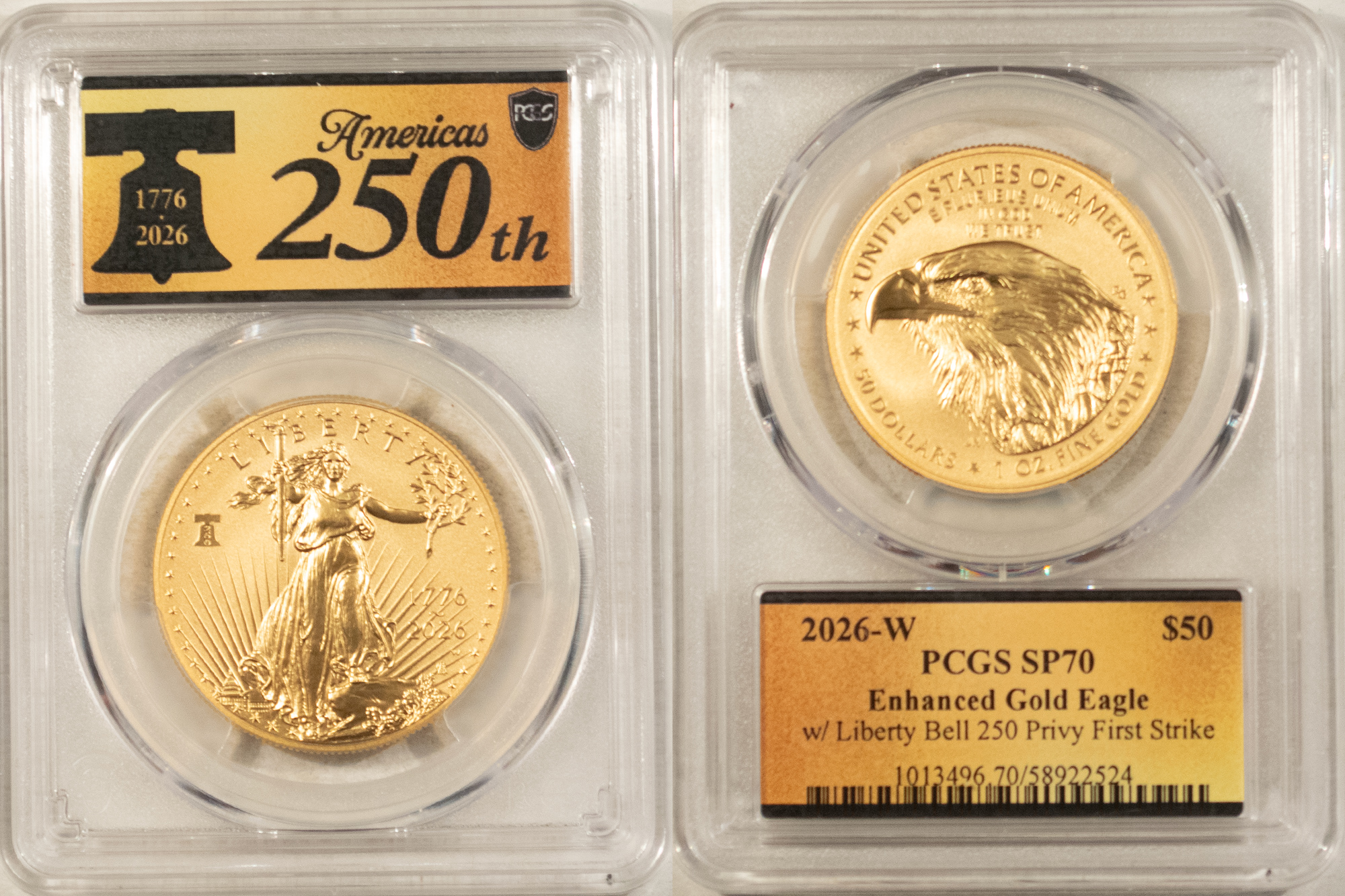 American Gold Eagles, Buffaloes, & Liberty Series 2026-W $50 ENHANCED 1 OZ AMERICAN GOLD EAGLE 250TH PRIVY PCGS SP-70 FIRST STRIKE American Gold Eagles, Buffaloes, & Liberty Series 2026-W $50 ENHANCED 1 OZ AMERICAN GOLD EAGLE 250TH PRIVY PCGS SP-70 FIRST STRIKE