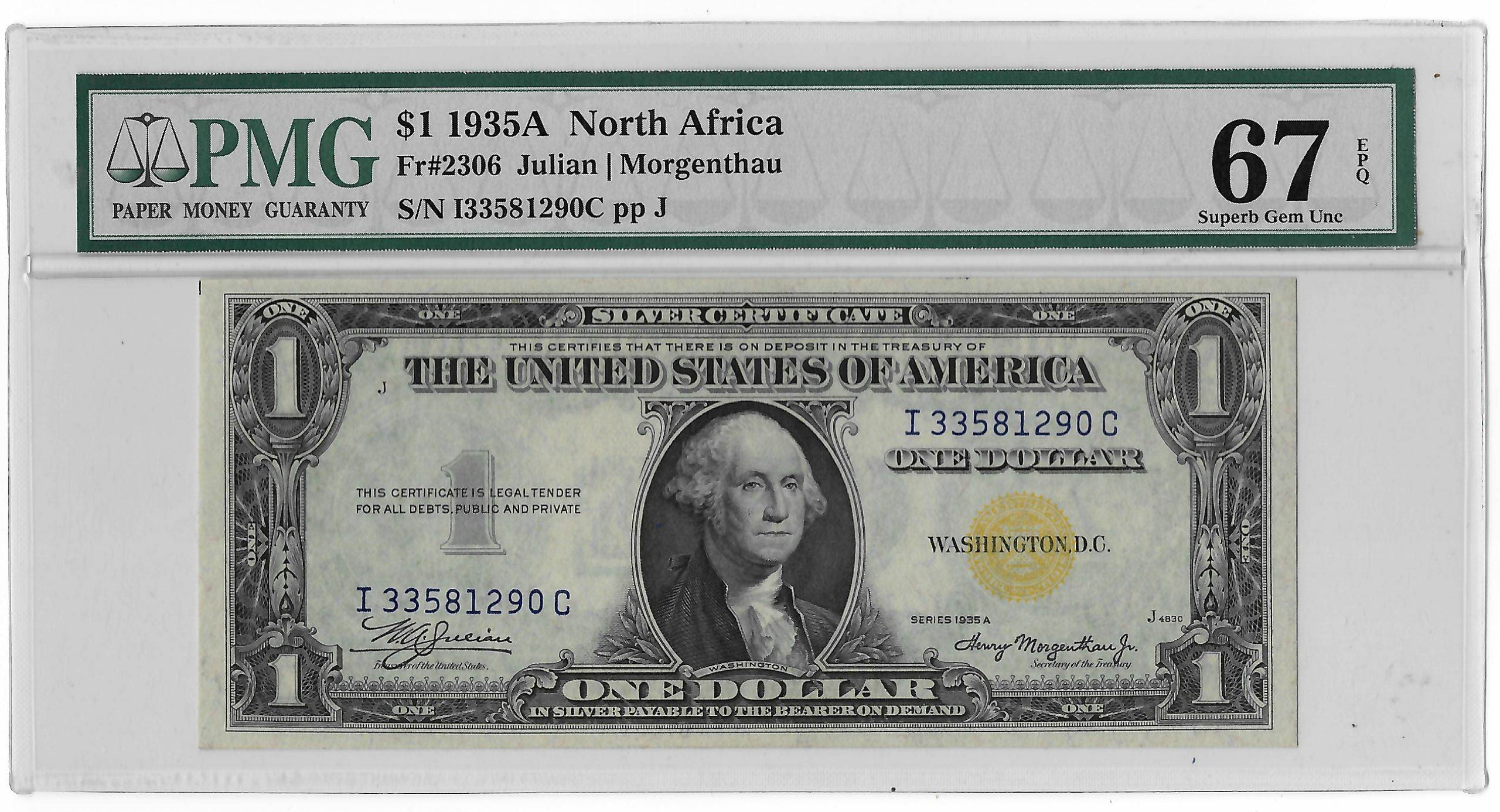 New Store Items 1935-A $1 SILVER CERTIFICATE, NORTH AFRICA, FR#2306, PMG SUPERB GEM UNC 67 EPQ! New Store Items 1935-A $1 SILVER CERTIFICATE, NORTH AFRICA, FR#2306, PMG SUPERB GEM UNC 67 EPQ!