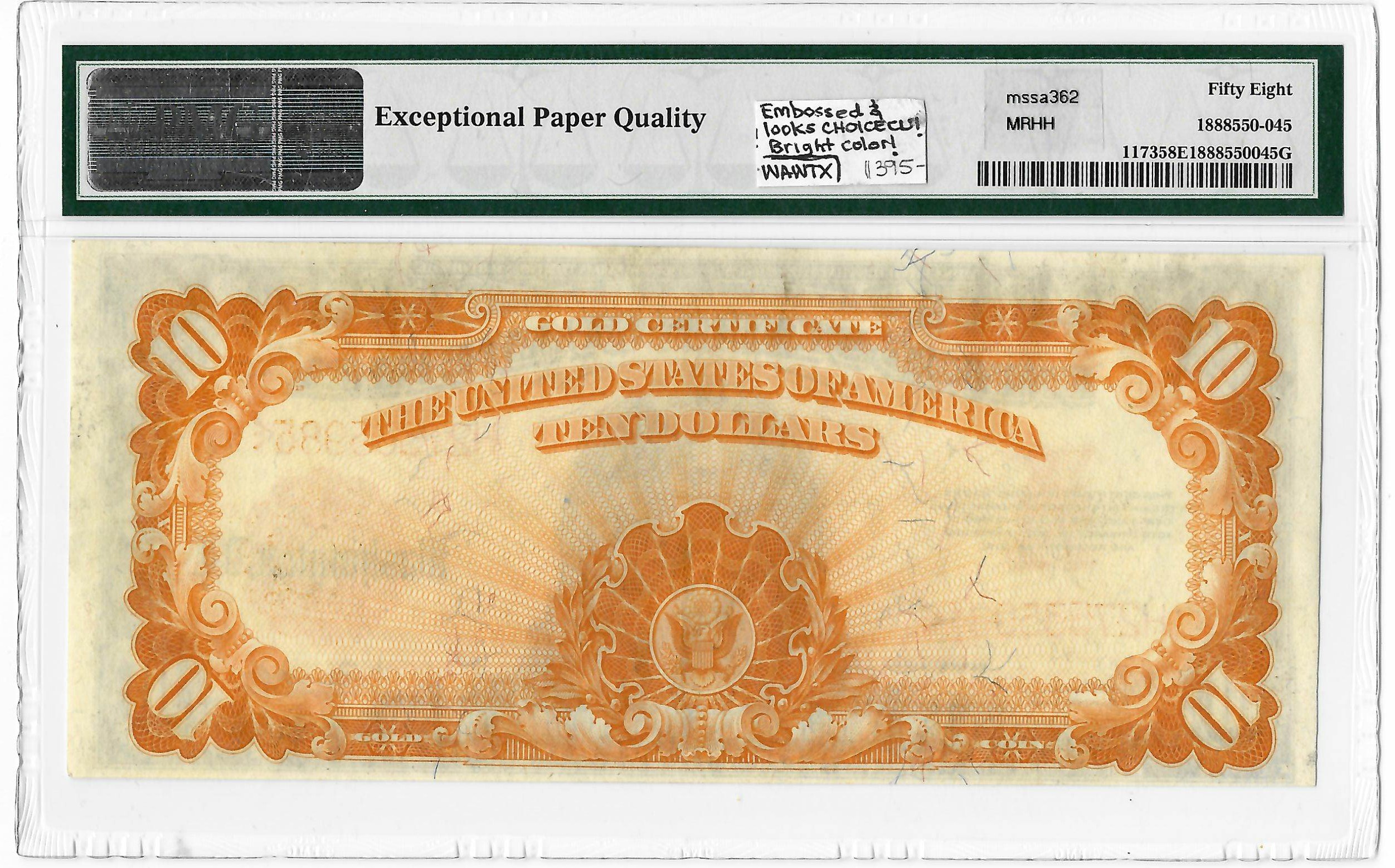 Large Gold Certificates 1922 $10 GOLD CERTIFICATE, #FR-1173 SPEELMAN-WHITE, PMG CH AU-58 EPQ; LOOKS CU! Large Gold Certificates 1922 $10 GOLD CERTIFICATE, #FR-1173 SPEELMAN-WHITE, PMG CH AU-58 EPQ; LOOKS CU!