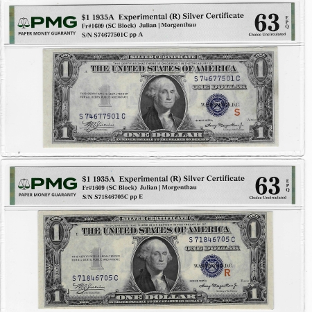 New Store Items 1935-A $1 SILVER CERTIFICATE PAIR, R & S EXPERIMENTALS, BOTH PMG CH-CU 63 EPQ!