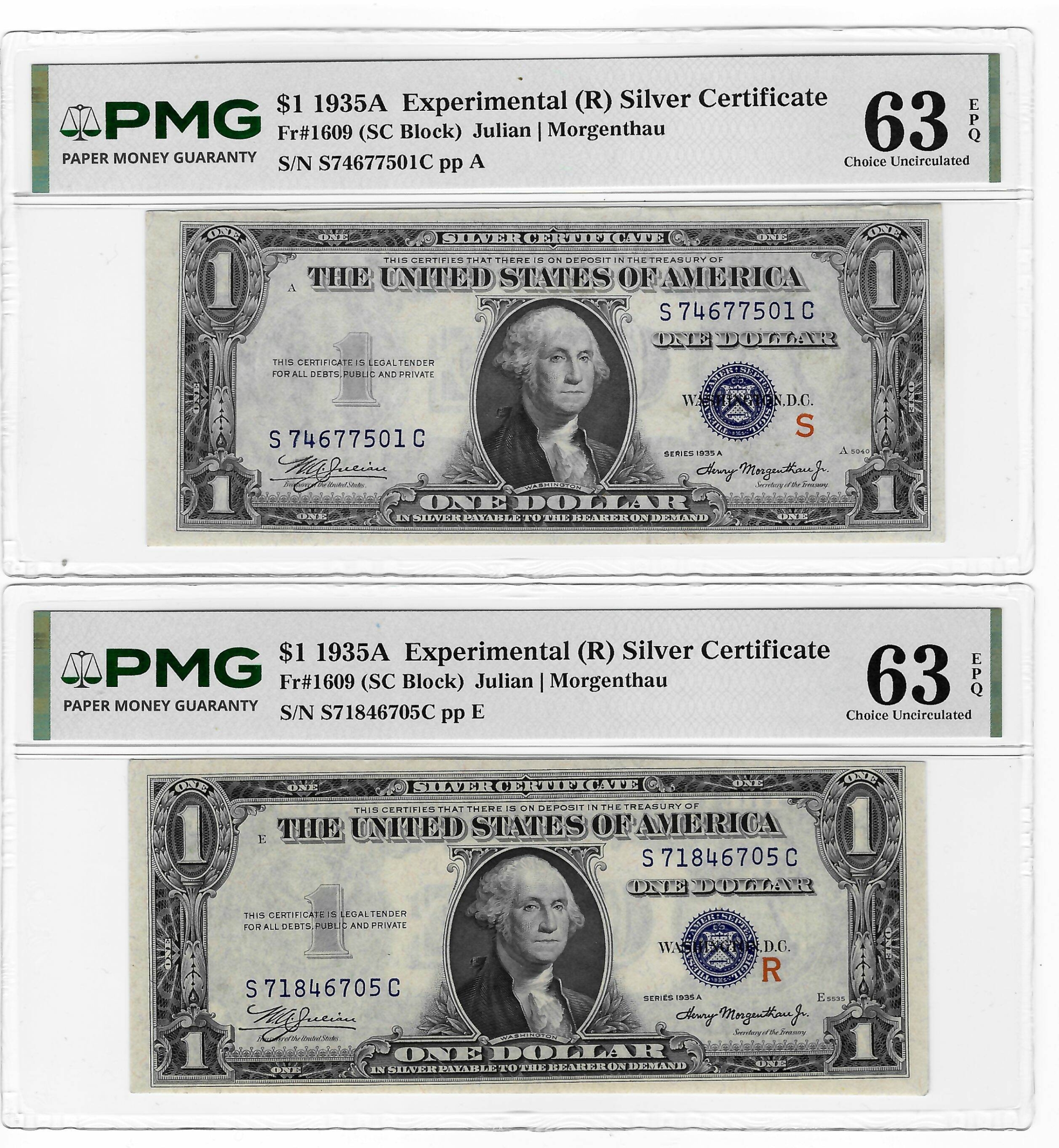 New Store Items 1935-A $1 SILVER CERTIFICATE PAIR, R & S EXPERIMENTALS, BOTH PMG CH-CU 63 EPQ! New Store Items 1935-A $1 SILVER CERTIFICATE PAIR, R & S EXPERIMENTALS, BOTH PMG CH-CU 63 EPQ!