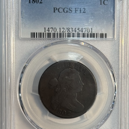 Draped Bust Large Cents 1802 DRAPED BUST LARGE CENT S-232 – PCGS F-12, REVERSE CUD!