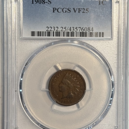 Indian 1908-S INDIAN CENT – PCGS VF-25, KEY-DATE!