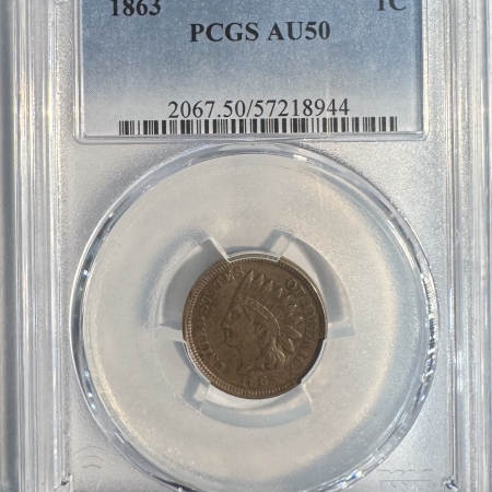 Indian 1863 INDIAN CENT – PCGS AU-50, PLEASING!