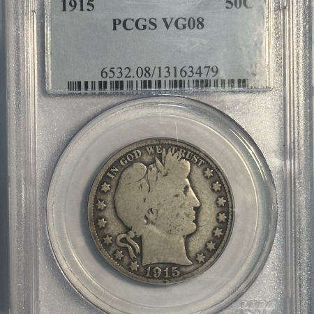 Barber Halves 1915 BARBER HALF DOLLAR – PCGS VG-08, KEY-DATE!