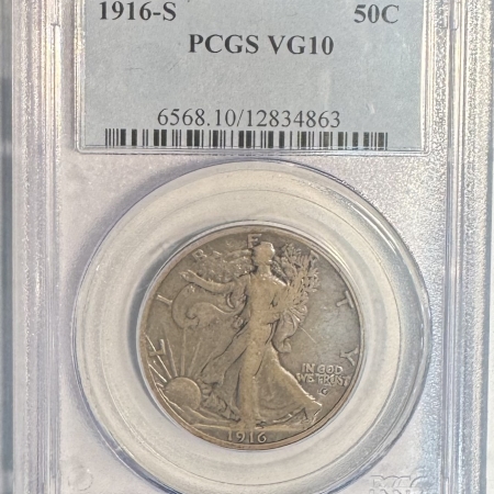 Half Dollars 1916-S WALKING LIBERTY HALF DOLLAR – PCGS VG-10, LOOKS FINE!