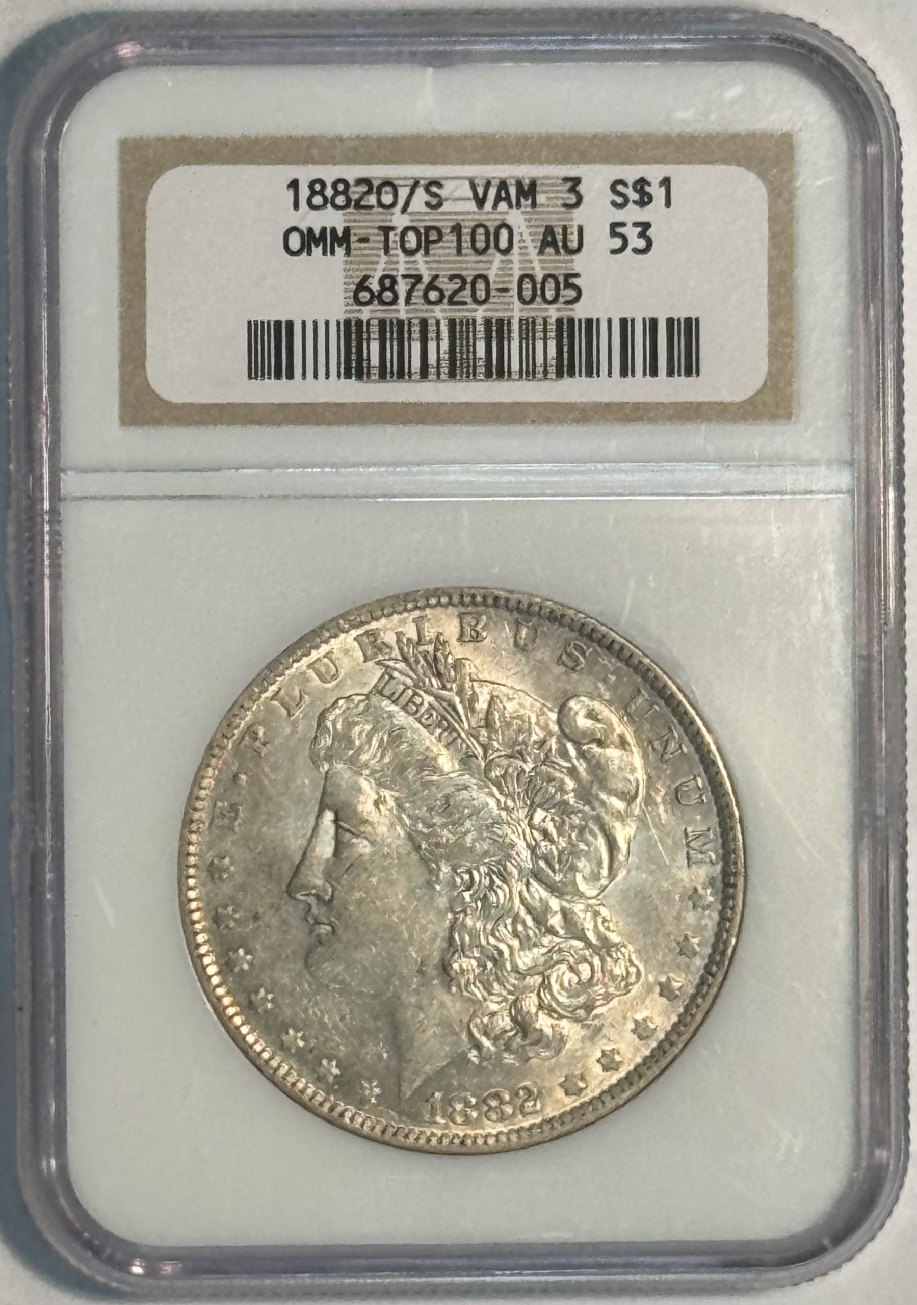 Dollars 1882-O/S $1 MORGAN DOLLAR VAM-3 – NGC AU-53, OMM-TOP 100! Dollars 1882-O/S $1 MORGAN DOLLAR VAM-3 – NGC AU-53, OMM-TOP 100!