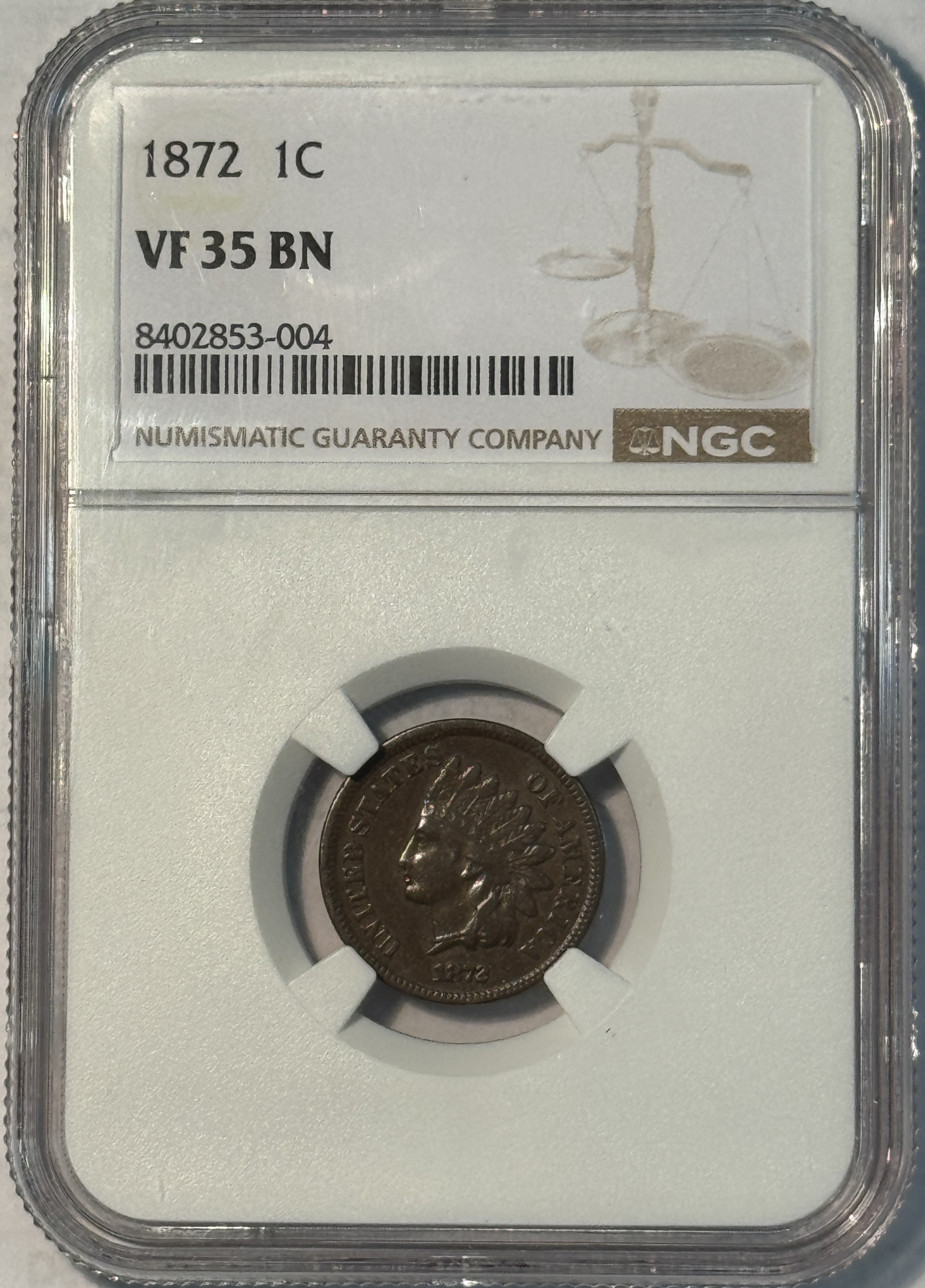 Indian 1872 INDIAN CENT – NGC VF-35 BN, PERFECT CIRC! Indian 1872 INDIAN CENT – NGC VF-35 BN, PERFECT CIRC!