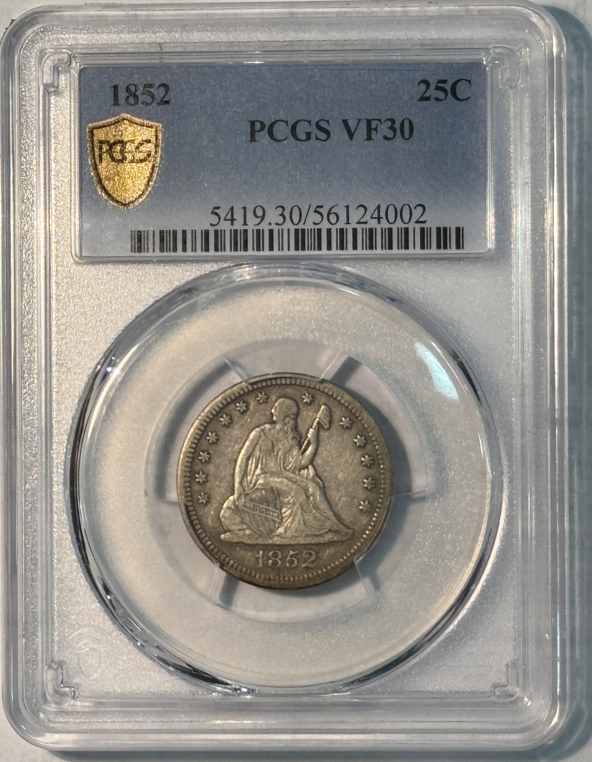 Liberty Seated Quarters 1852 SEATED LIBERTY QUARTER – PCGS VF-30, TOUGH DATE & 100 POP! Liberty Seated Quarters 1852 SEATED LIBERTY QUARTER – PCGS VF-30, TOUGH DATE & 100 POP!