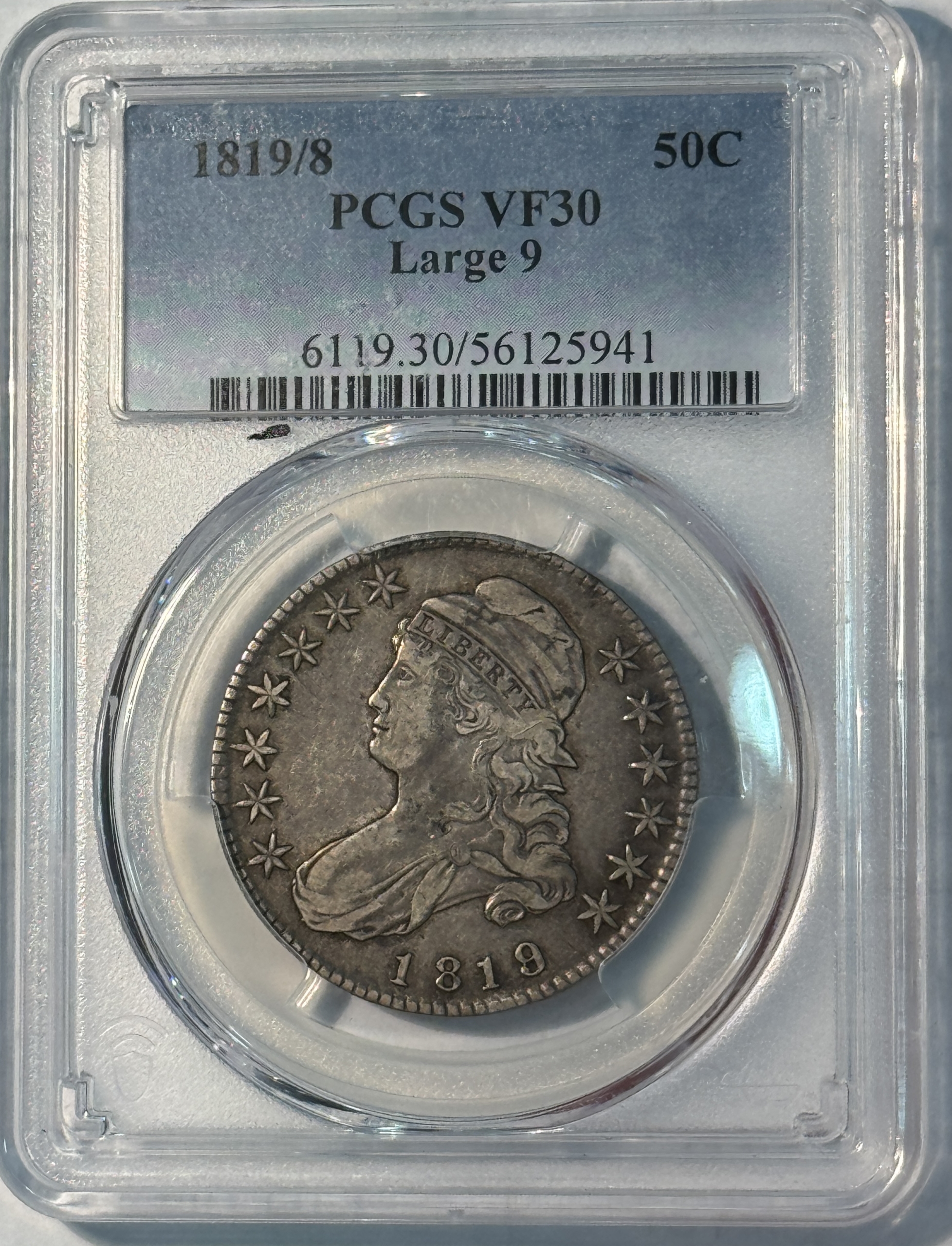 Early Halves 1819/8 CAPPED BUST HALF DOLLAR LARGE 9 – PCGS VF-30, FRESH WITH A GREAT LOOK! Early Halves 1819/8 CAPPED BUST HALF DOLLAR LARGE 9 – PCGS VF-30, FRESH WITH A GREAT LOOK!
