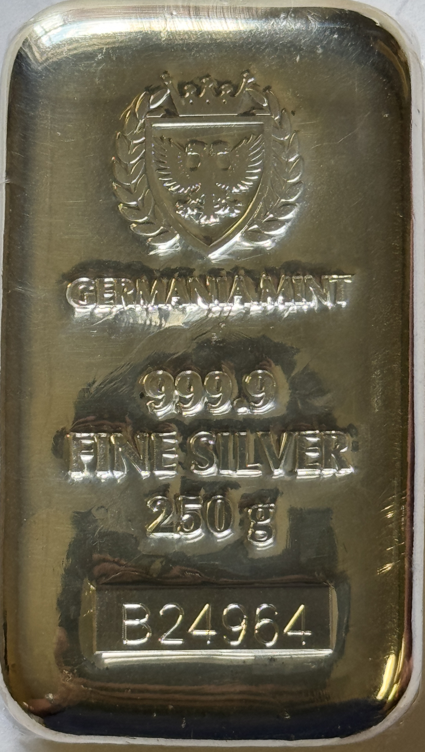 Bullion GERMANIA MINT .9999 FINE SILVER 250 GRAM BAR, SERIAL NUMBER, SEALED W/ BOX 8+ OZ Bullion GERMANIA MINT .9999 FINE SILVER 250 GRAM BAR, SERIAL NUMBER, SEALED W/ BOX 8+ OZ