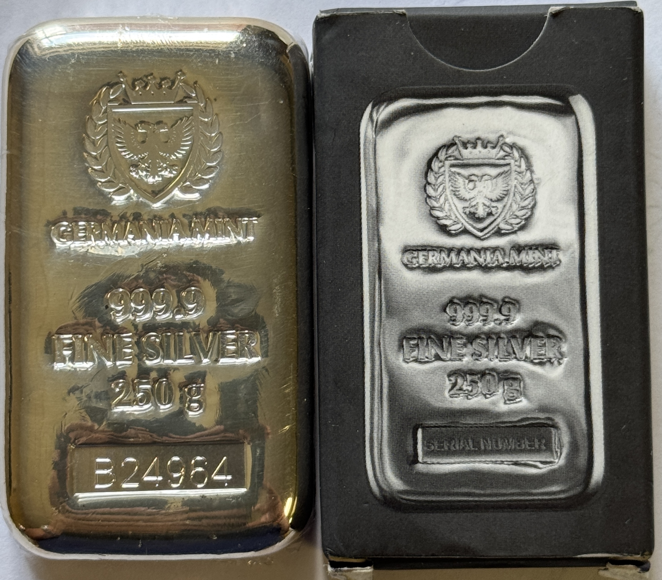Bullion GERMANIA MINT .9999 FINE SILVER 250 GRAM BAR, SERIAL NUMBER, SEALED W/ BOX 8+ OZ Bullion GERMANIA MINT .9999 FINE SILVER 250 GRAM BAR, SERIAL NUMBER, SEALED W/ BOX 8+ OZ