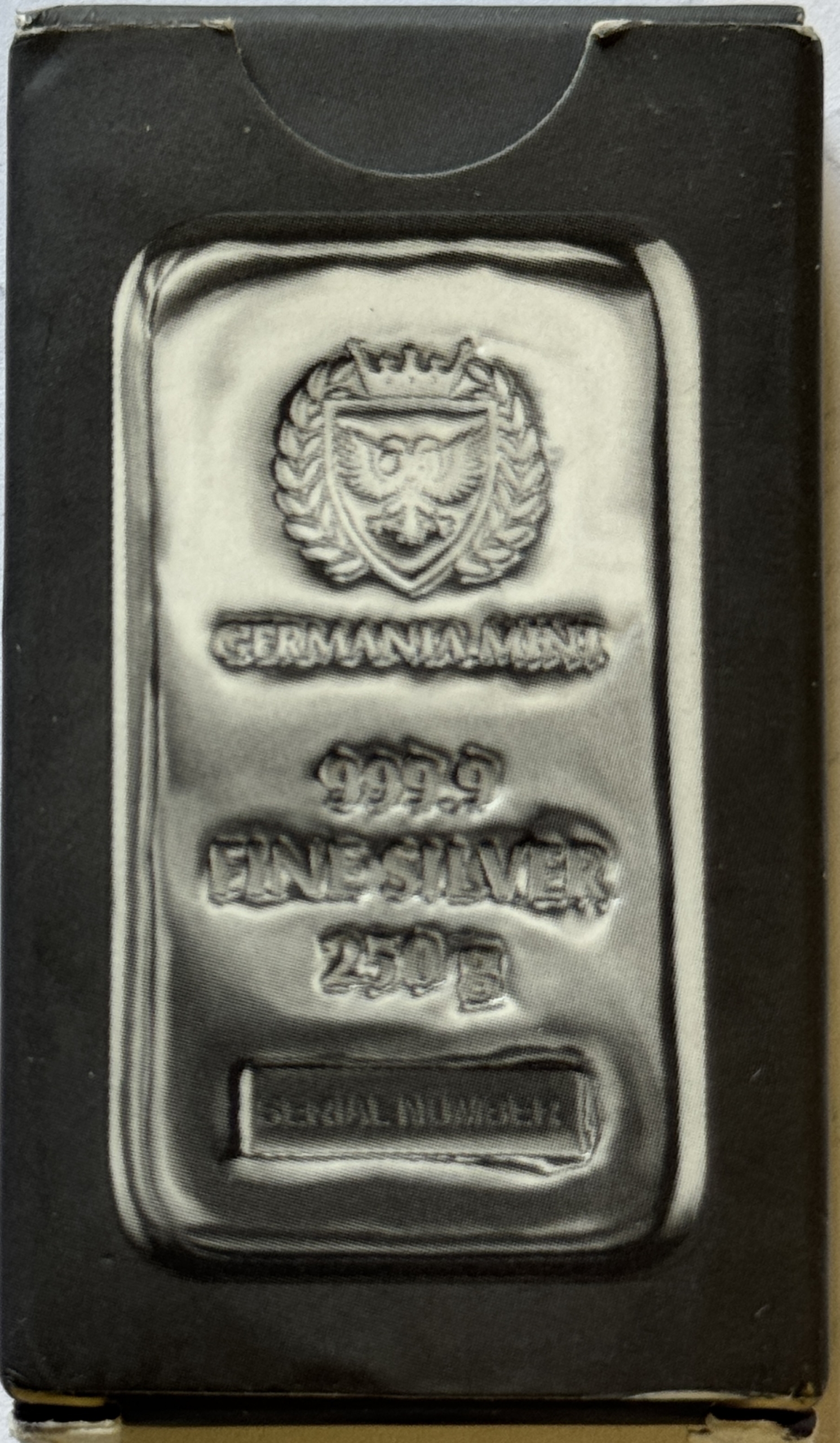 Bullion GERMANIA MINT .9999 FINE SILVER 250 GRAM BAR, SERIAL NUMBER, SEALED W/ BOX 8+ OZ Bullion GERMANIA MINT .9999 FINE SILVER 250 GRAM BAR, SERIAL NUMBER, SEALED W/ BOX 8+ OZ