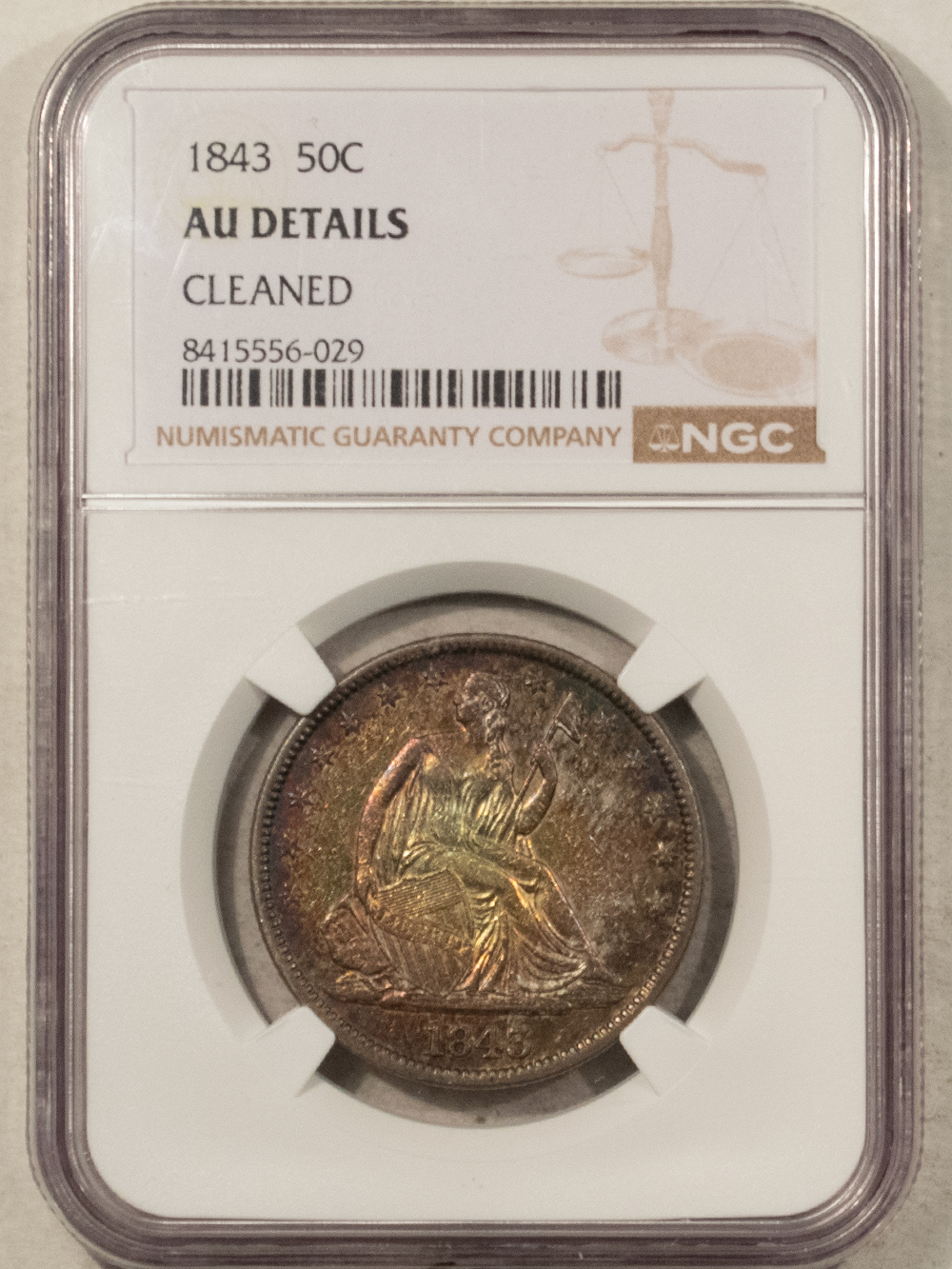 Half Dollars 1843 SEATED LIBERTY HALF DOLLAR – NGC AU-DETAILS CLEANED, BUT VERY PRETTY COLOR! Half Dollars 1843 SEATED LIBERTY HALF DOLLAR – NGC AU-DETAILS CLEANED, BUT VERY PRETTY COLOR!