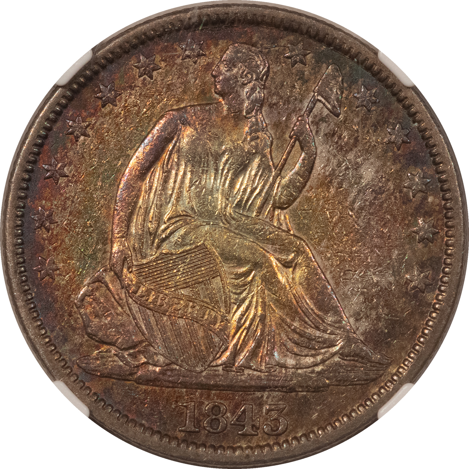 Half Dollars 1843 SEATED LIBERTY HALF DOLLAR – NGC AU-DETAILS CLEANED, BUT VERY PRETTY COLOR! Half Dollars 1843 SEATED LIBERTY HALF DOLLAR – NGC AU-DETAILS CLEANED, BUT VERY PRETTY COLOR!
