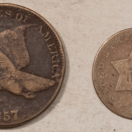 Flying Eagle 1857 FLYING EAGLE CENT, 1853 THREE CENT SILVER, LOT/2 – CULL/FILLER!