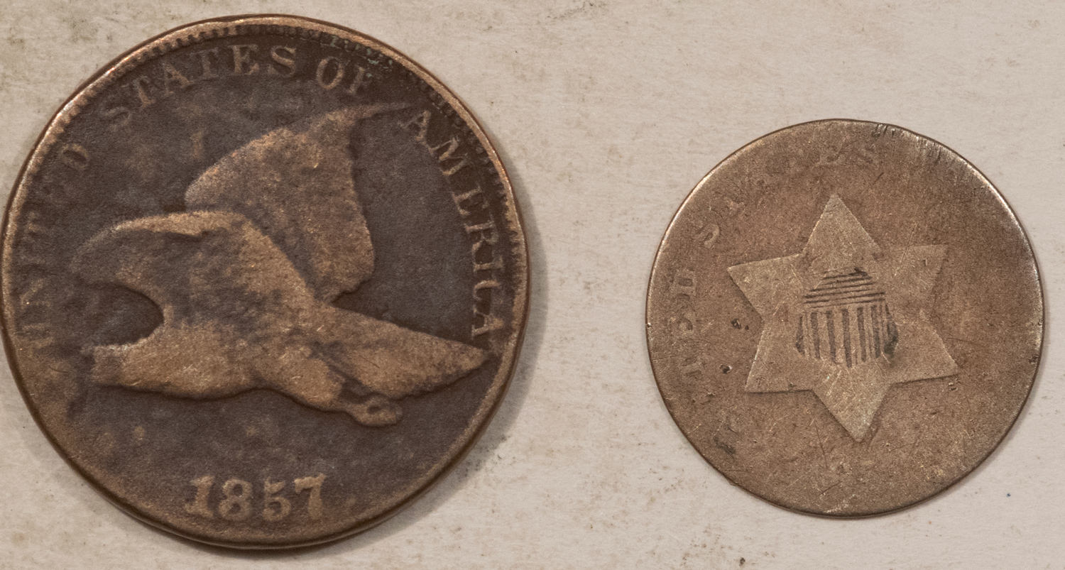 Flying Eagle 1857 FLYING EAGLE CENT, 1853 THREE CENT SILVER, LOT/2 – CULL/FILLER! Flying Eagle 1857 FLYING EAGLE CENT, 1853 THREE CENT SILVER, LOT/2 – CULL/FILLER!