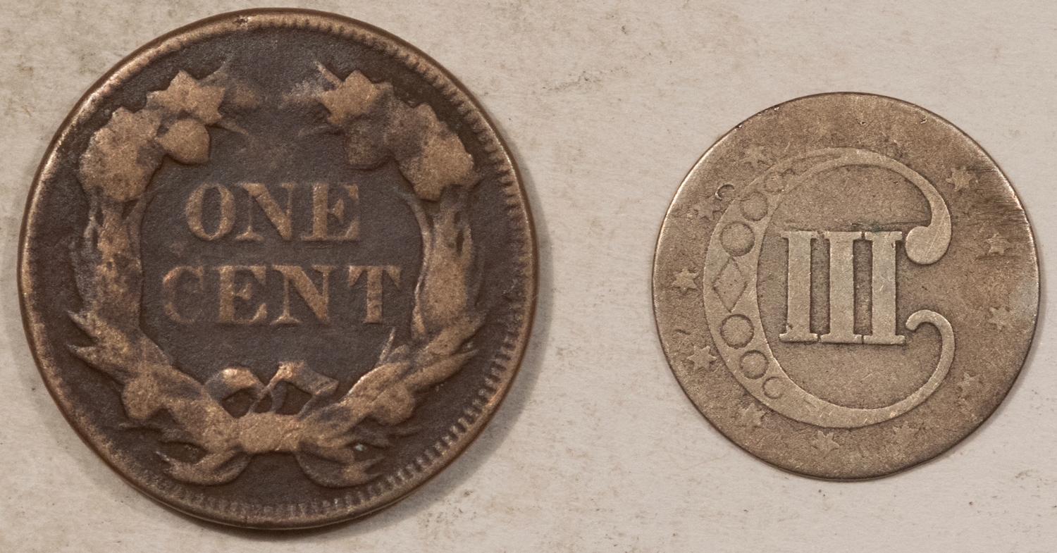 Flying Eagle 1857 FLYING EAGLE CENT, 1853 THREE CENT SILVER, LOT/2 – CULL/FILLER! Flying Eagle 1857 FLYING EAGLE CENT, 1853 THREE CENT SILVER, LOT/2 – CULL/FILLER!