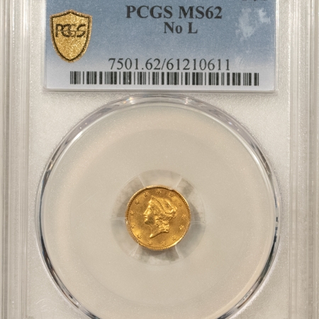 $1 1849 $1 GOLD DOLLAR NO L – PCGS MS-62, FRESH, FIRST YEAR!