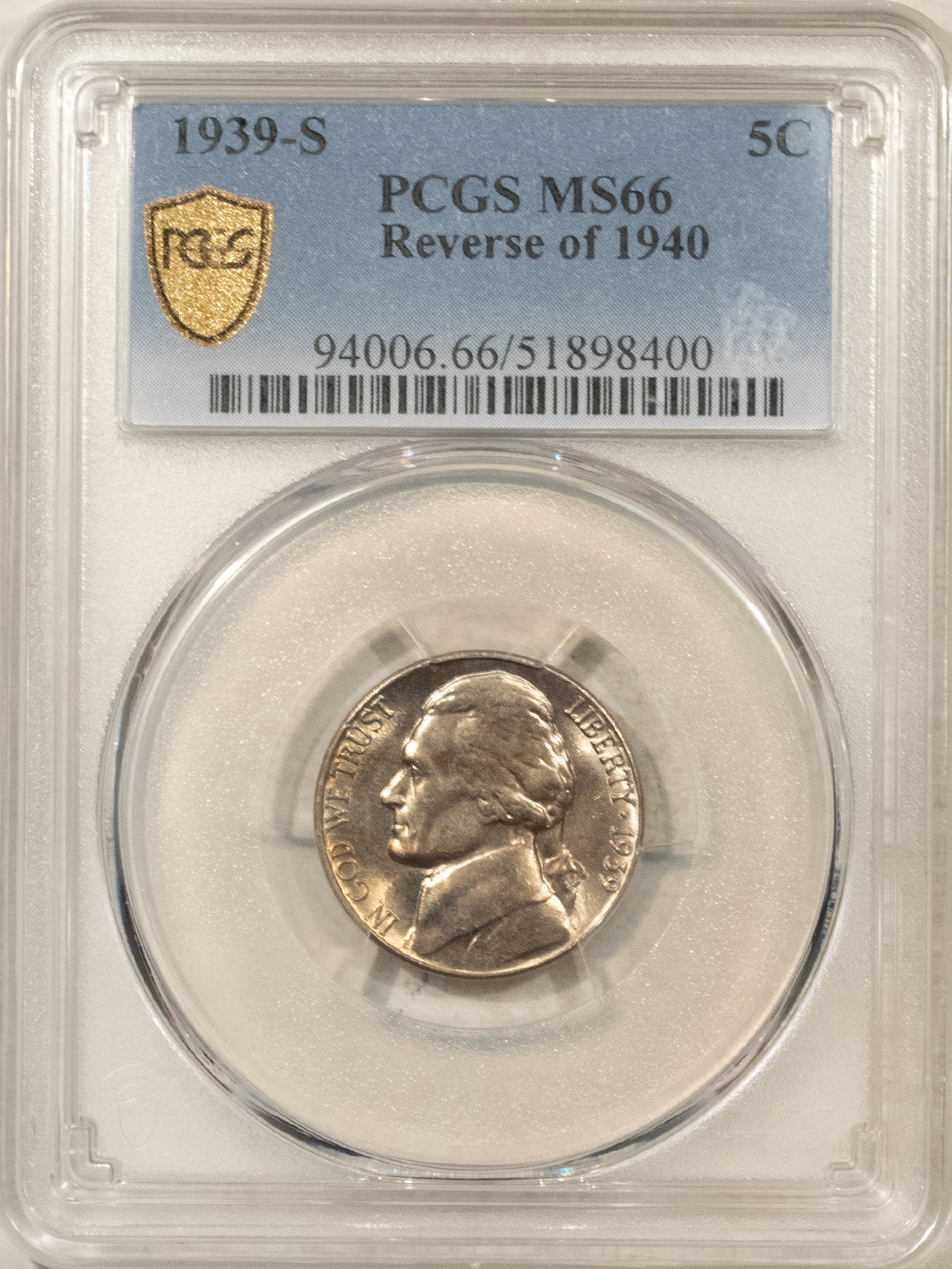 Jefferson Nickels 1939-S JEFFERSON NICKEL REVERSE OF 1940 – PCGS MS-66, ONLY 8 HIGHER! Jefferson Nickels 1939-S JEFFERSON NICKEL REVERSE OF 1940 – PCGS MS-66, ONLY 8 HIGHER!