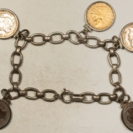 Jewelry 1909 CHARM BRACELET STERLING SILVER W/ 5 COINS (4x10C $2.50 GOLD INDIAN) CLEANED