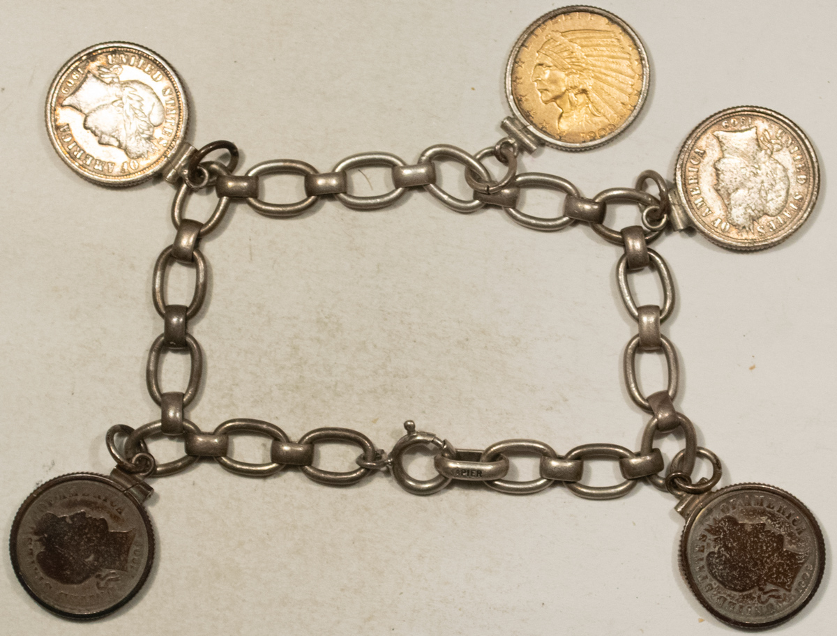 Jewelry 1909 CHARM BRACELET STERLING SILVER W/ 5 COINS (4x10C $2.50 GOLD INDIAN) CLEANED Jewelry 1909 CHARM BRACELET STERLING SILVER W/ 5 COINS (4x10C $2.50 GOLD INDIAN) CLEANED