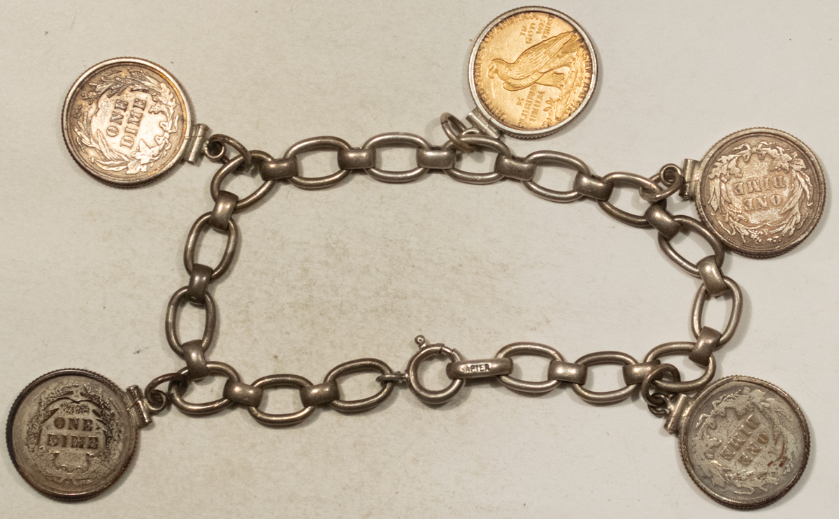 Jewelry 1909 CHARM BRACELET STERLING SILVER W/ 5 COINS (4x10C $2.50 GOLD INDIAN) CLEANED Jewelry 1909 CHARM BRACELET STERLING SILVER W/ 5 COINS (4x10C $2.50 GOLD INDIAN) CLEANED
