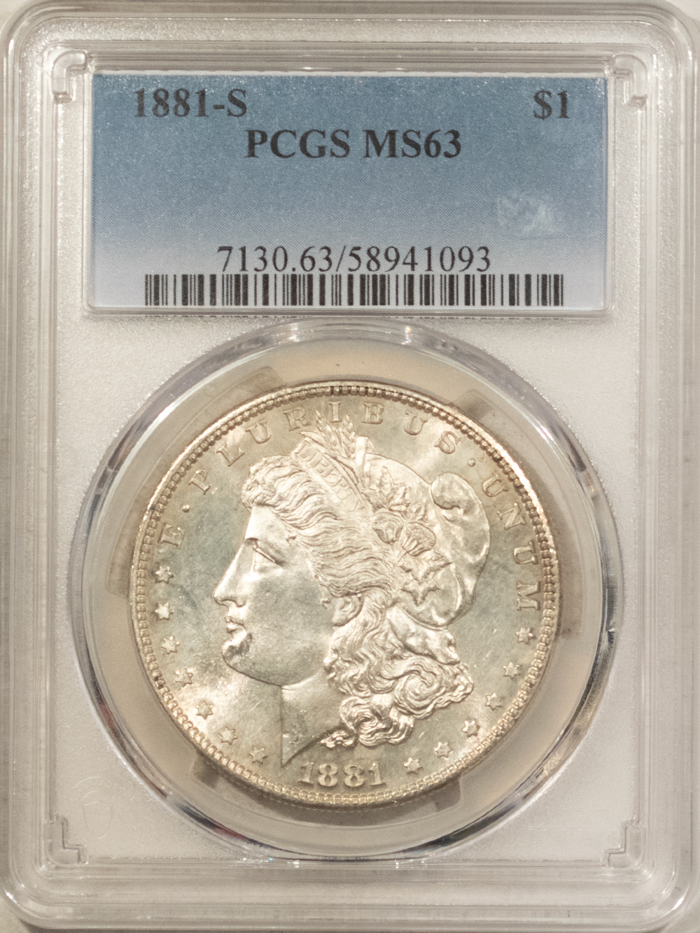 Dollars 1881-S $1 MORGAN DOLLAR – PCGS MS-63 FRESH ORIGINAL WHITE & CHOICE Dollars 1881-S $1 MORGAN DOLLAR – PCGS MS-63 FRESH ORIGINAL WHITE & CHOICE