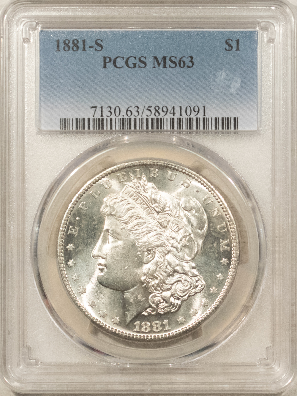 Dollars 1881-S $1 MORGAN DOLLAR – PCGS MS-63 WHITE AND FLASHY Dollars 1881-S $1 MORGAN DOLLAR – PCGS MS-63 WHITE AND FLASHY