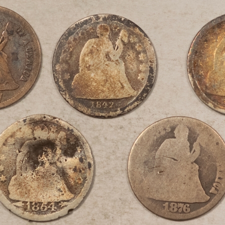 Dimes 1842, 1854 ARROWS, 1856, 1876, 1877 SEATED LIBERTY DIME 5/LOT – CULL/FILLER!
