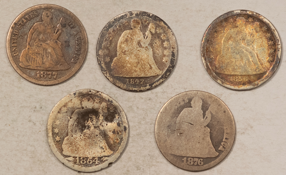 Dimes 1842, 1854 ARROWS, 1856, 1876, 1877 SEATED LIBERTY DIME 5/LOT – CULL/FILLER! Dimes 1842, 1854 ARROWS, 1856, 1876, 1877 SEATED LIBERTY DIME 5/LOT – CULL/FILLER!