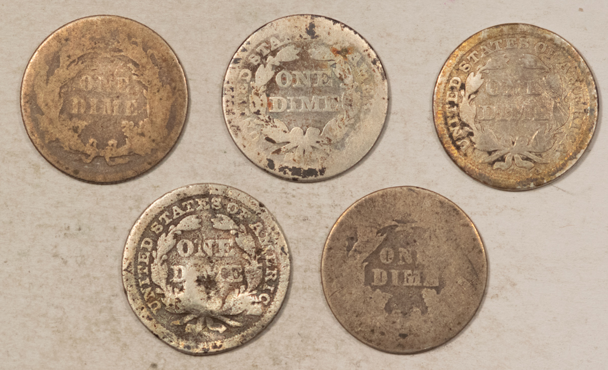 Dimes 1842, 1854 ARROWS, 1856, 1876, 1877 SEATED LIBERTY DIME 5/LOT – CULL/FILLER! Dimes 1842, 1854 ARROWS, 1856, 1876, 1877 SEATED LIBERTY DIME 5/LOT – CULL/FILLER!