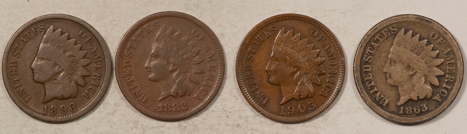 Indian 1863 1882 1893 1905 INDIAN CENTS LOT/4 – NICE PLEASING CIRCULATED EXAMPLES! Indian 1863 1882 1893 1905 INDIAN CENTS LOT/4 – NICE PLEASING CIRCULATED EXAMPLES!