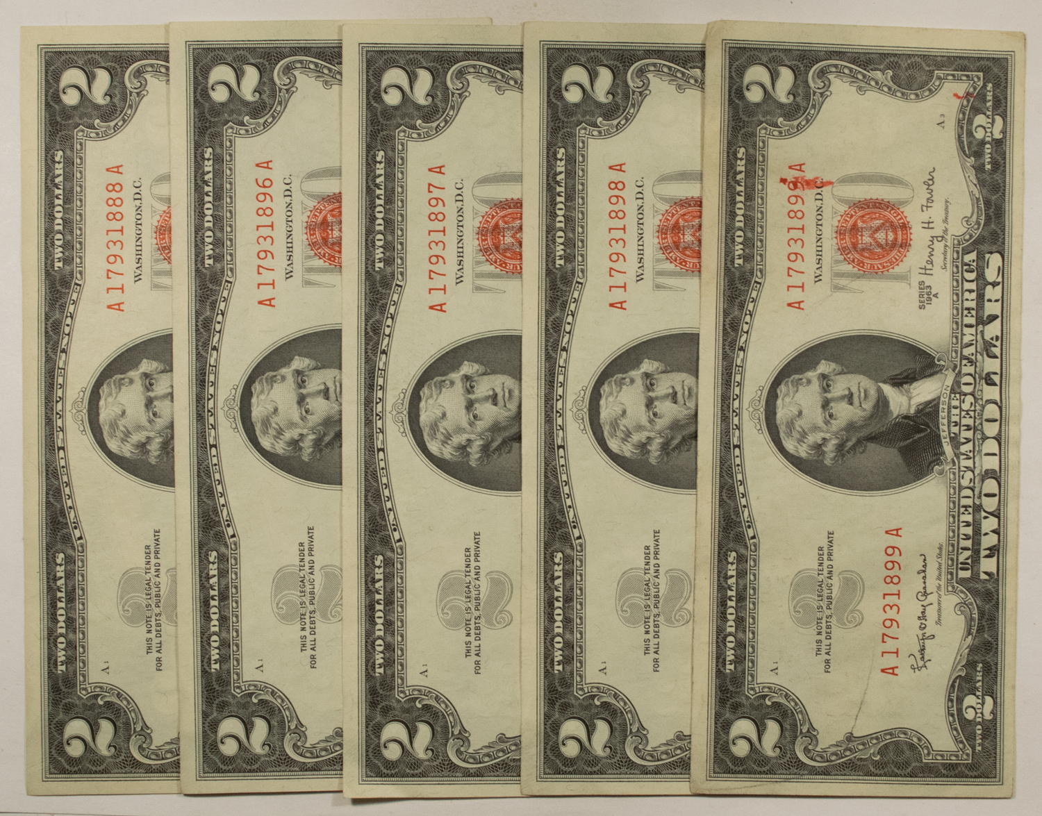 New Store Items 1963-A $2 RED SEAL UNITED STATES LOT OF 5 W/ CONSECUTIVES – ABOUT UNCIRCULATED! New Store Items 1963-A $2 RED SEAL UNITED STATES LOT OF 5 W/ CONSECUTIVES – ABOUT UNCIRCULATED!