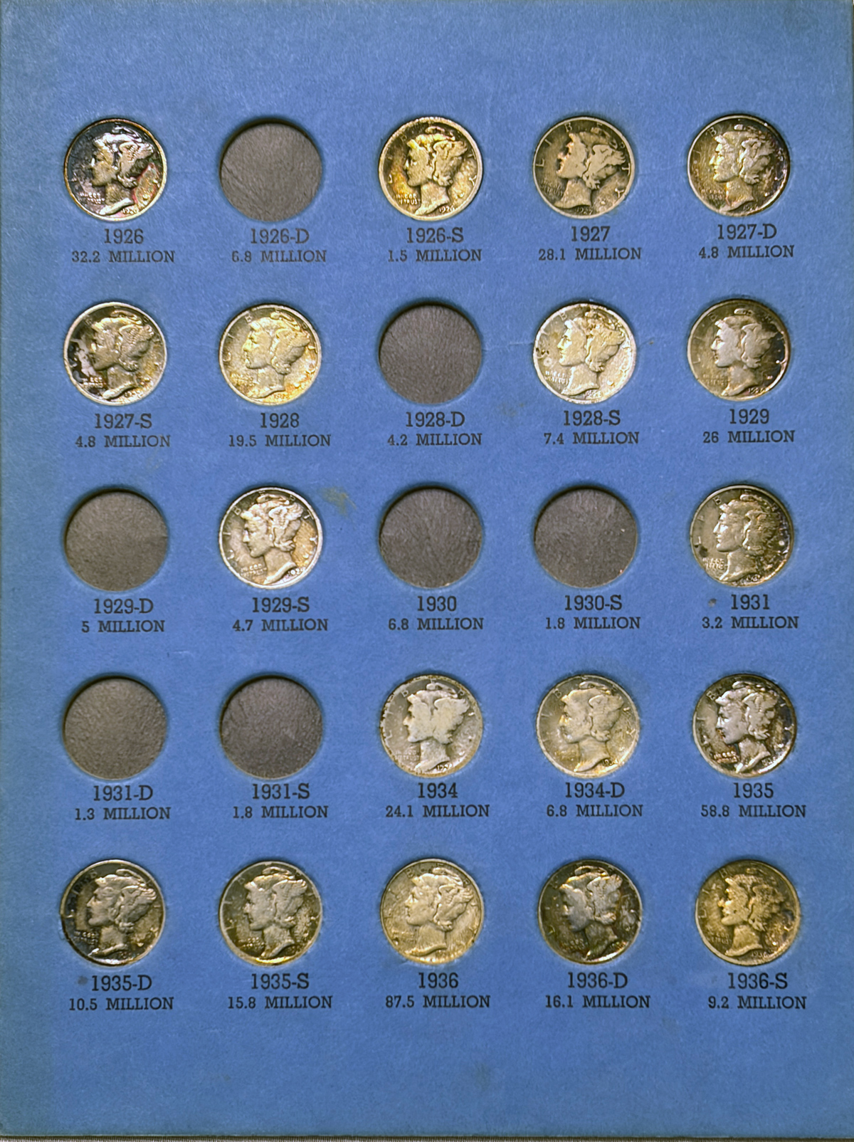 Dimes 1916-1945 MERCURY DIME 62 COIN PARTIAL SET IN ALBUM CIRC, HIGHER GRADE EXAMPLES Dimes 1916-1945 MERCURY DIME 62 COIN PARTIAL SET IN ALBUM CIRC, HIGHER GRADE EXAMPLES