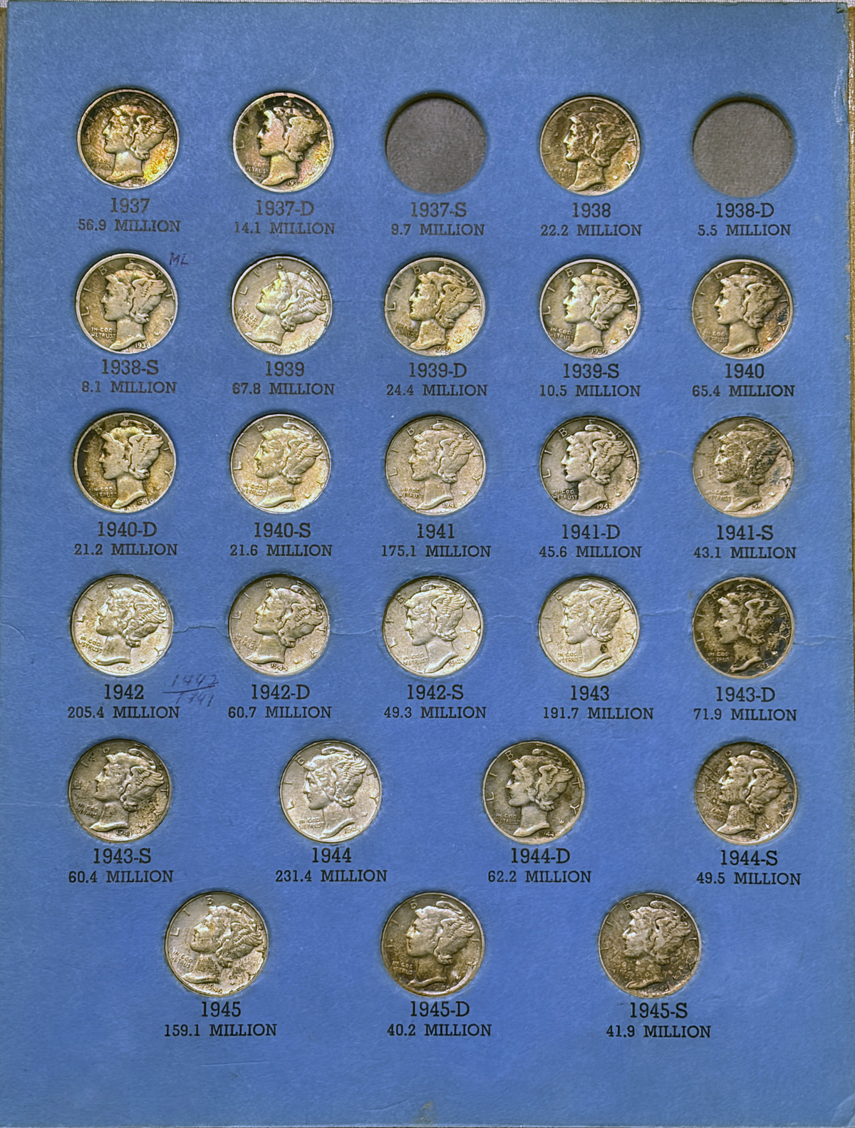Dimes 1916-1945 MERCURY DIME 62 COIN PARTIAL SET IN ALBUM CIRC, HIGHER GRADE EXAMPLES Dimes 1916-1945 MERCURY DIME 62 COIN PARTIAL SET IN ALBUM CIRC, HIGHER GRADE EXAMPLES