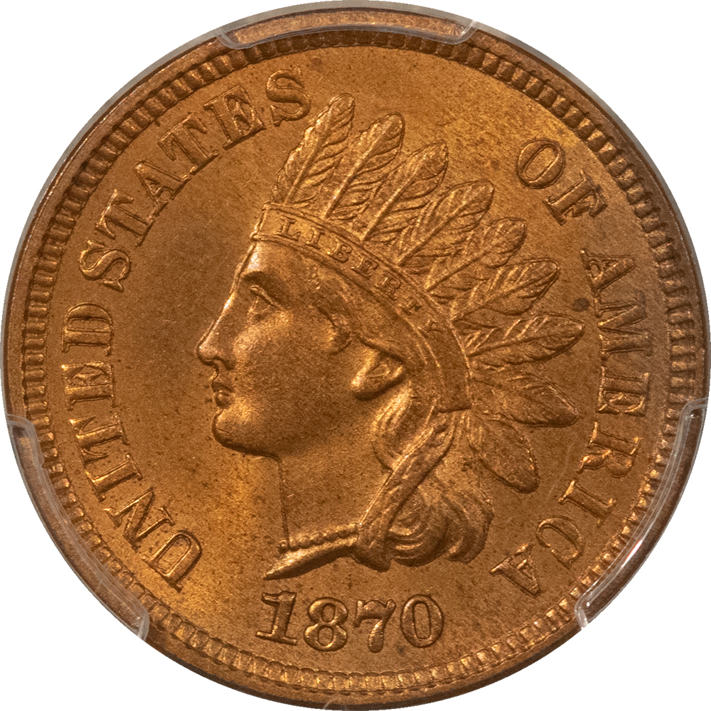 Indian 1870 INDIAN CENT – PCGS MS-64+ RB, NEARLY FULL RED! PREMIUM QUALITY! Indian 1870 INDIAN CENT – PCGS MS-64+ RB, NEARLY FULL RED! PREMIUM QUALITY!