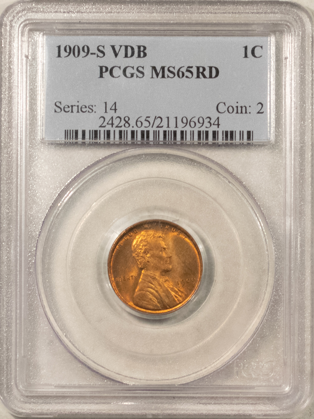 Lincoln Cents (Wheat) 1909-S VDB LINCOLN CENT – PCGS MS-65 RD, ORIGINAL GEM! KEY-DATE! Lincoln Cents (Wheat) 1909-S VDB LINCOLN CENT – PCGS MS-65 RD, ORIGINAL GEM! KEY-DATE!