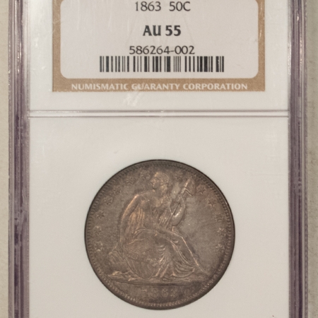 Half Dollars 1863 SEATED LIBERTY HALF DOLLAR – NGC AU-55, TOUGH CIVIL WAR DATE!
