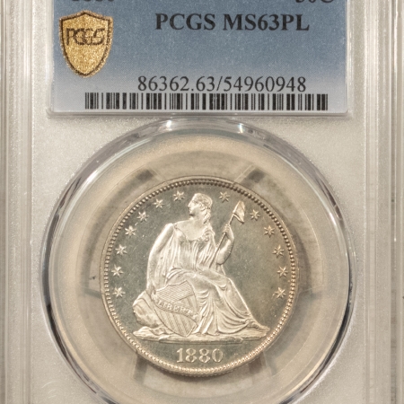 Half Dollars 1880 SEATED LIBERTY HALF DOLLAR – PCGS MS-63 PL, FRESH WHITE & FULLY PROOF-LIKE!