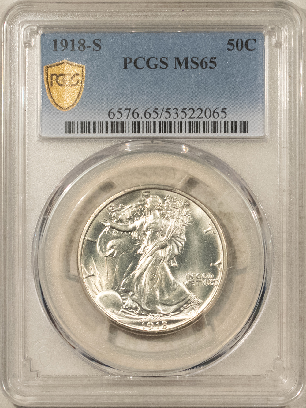 Half Dollars 1918-S WALKING LIBERTY HALF DOLLAR – PCGS MS-65, BLAZING WHITE GEM! RARE DATE! Half Dollars 1918-S WALKING LIBERTY HALF DOLLAR – PCGS MS-65, BLAZING WHITE GEM! RARE DATE!