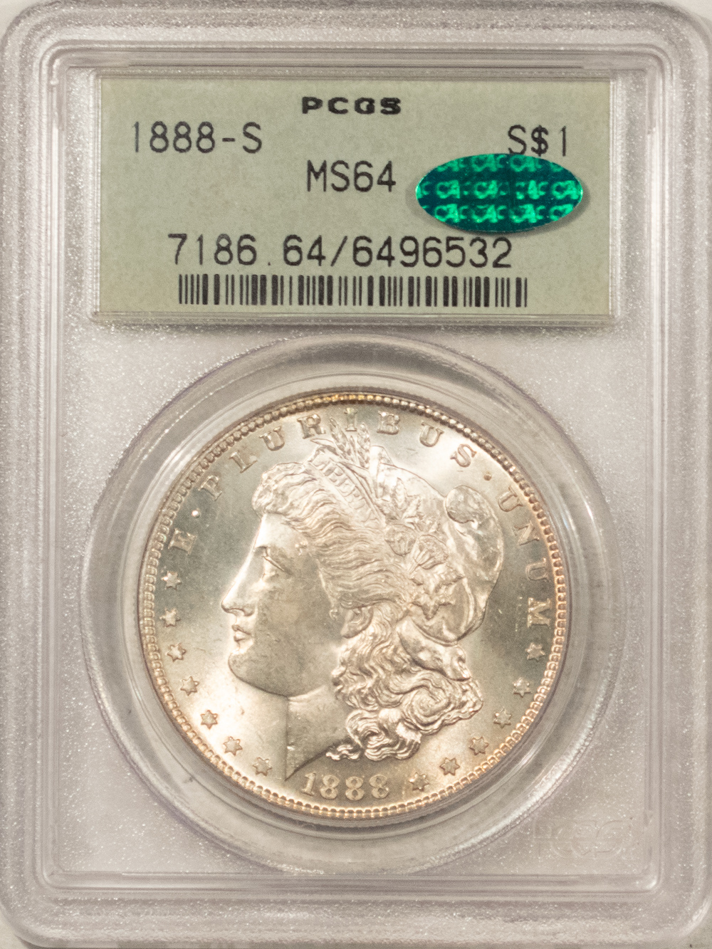CAC Approved Coins 1888-S $1 MORGAN DOLLAR – PCGS MS-64, OGH, PREMIUM QUALITY++ & CAC APPROVED! CAC Approved Coins 1888-S $1 MORGAN DOLLAR – PCGS MS-64, OGH, PREMIUM QUALITY++ & CAC APPROVED!