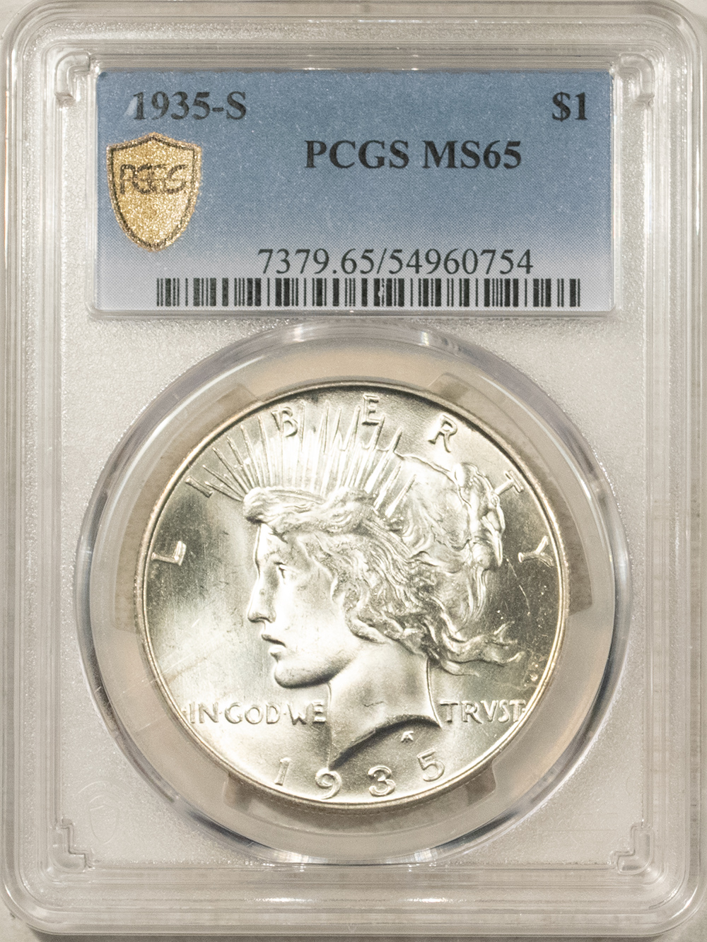 Dollars 1935-S $1 PEACE DOLLAR – PCGS MS-65, BLAZING WHITE! PREMIUM QUALITY+! Dollars 1935-S $1 PEACE DOLLAR – PCGS MS-65, BLAZING WHITE! PREMIUM QUALITY+!